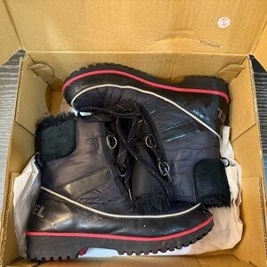 Sorel Black and Red Winter Boots. In box.